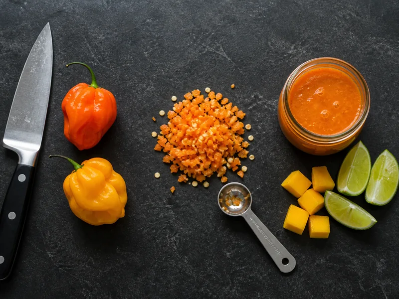 Habanero-type peppers shown whole, minced, and blended into orange sauce with mango and lime