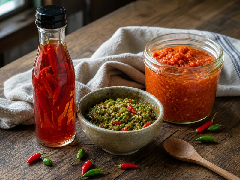 Small bird peppers used in peppered vinegar, fresh green-red sauce, and orange fermented mash