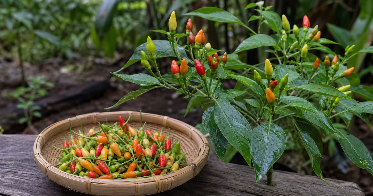 Capsicum frutescens plant with small upright green, yellow, orange, and red fruits beside a harvest basket