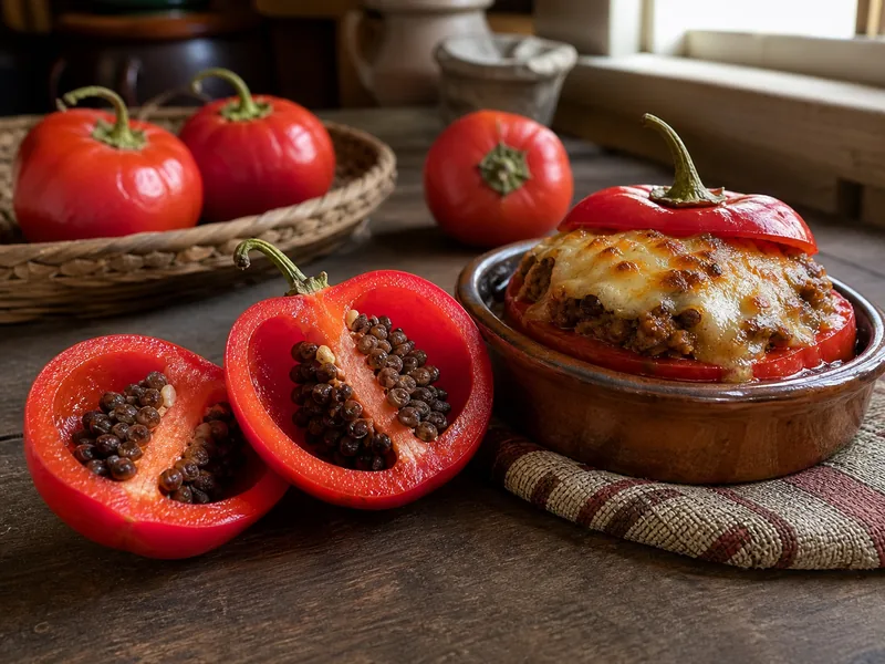 Cut thick-walled red rocoto with dark seeds beside a stuffed rocoto in a baking dish