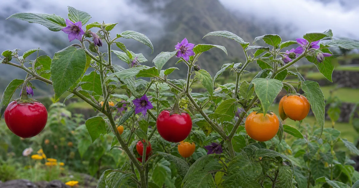 Capsicum pubescens plant with fuzzy leaves, purple flowers, and round red and orange fruits in an Andean garden