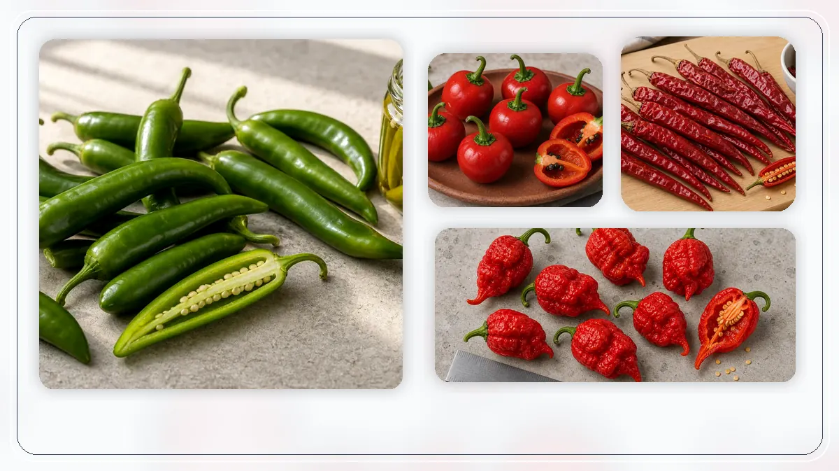 Capsicum pubescens Varieties in-post pepper reference image with varied cultivars and kitchen context