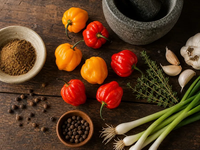 Scotch bonnet peppers with thyme, scallions, garlic, and allspice for jerk seasoning