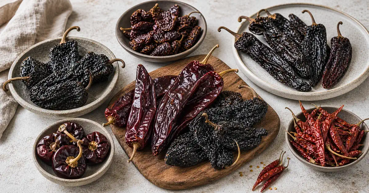 Dried whole peppers arranged with ancho, guajillo, pasilla, morita, cascabel, and de arbol chiles