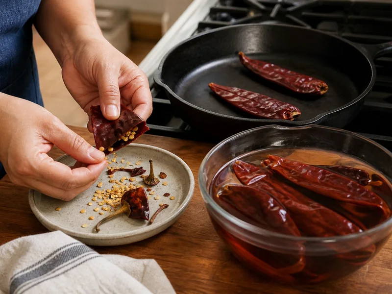 Cook removing seeds while dried chiles toast in a skillet and soften in hot water