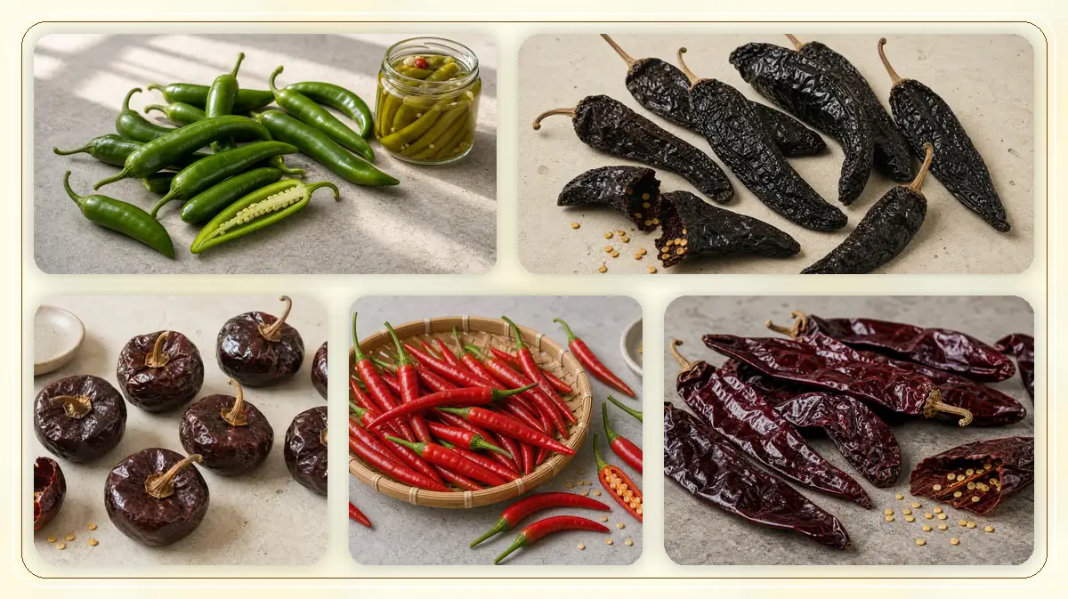 Dried Peppers in-post pepper reference image with varied cultivars and kitchen context