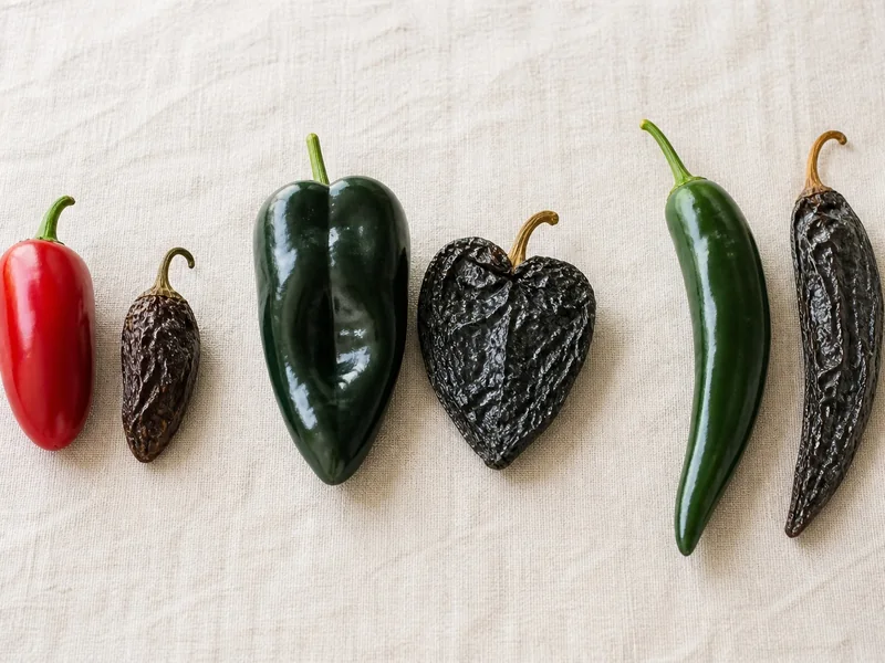 Fresh and dried pairs of jalapeno and chipotle, poblano and ancho, and chilaca and pasilla