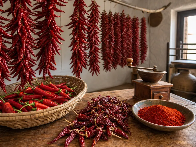 Fresh and dried Hungarian paprika peppers beside a grinder and bowl of ground paprika