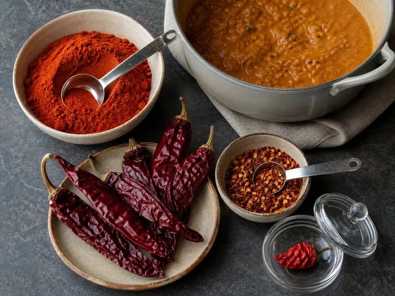 Kashmiri chile powder, dried Byadgi pods, measured crushed hot chile, and an isolated ghost pepper