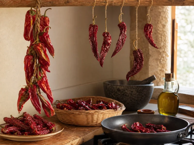 Thin red Peperone di Senise peppers drying before being quickly crisped in olive oil