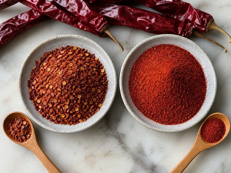 Coarse gochugaru flakes beside fine Korean chile powder