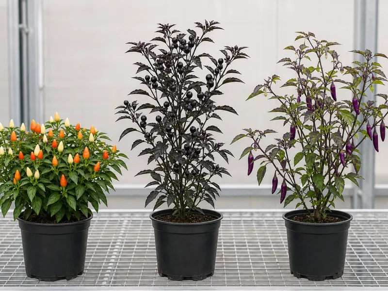 Three ornamental pepper plant habits compared on a greenhouse bench