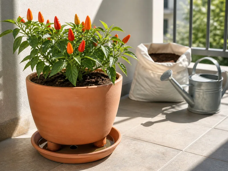 Ornamental pepper in a sunny raised patio pot with drainage and watering supplies