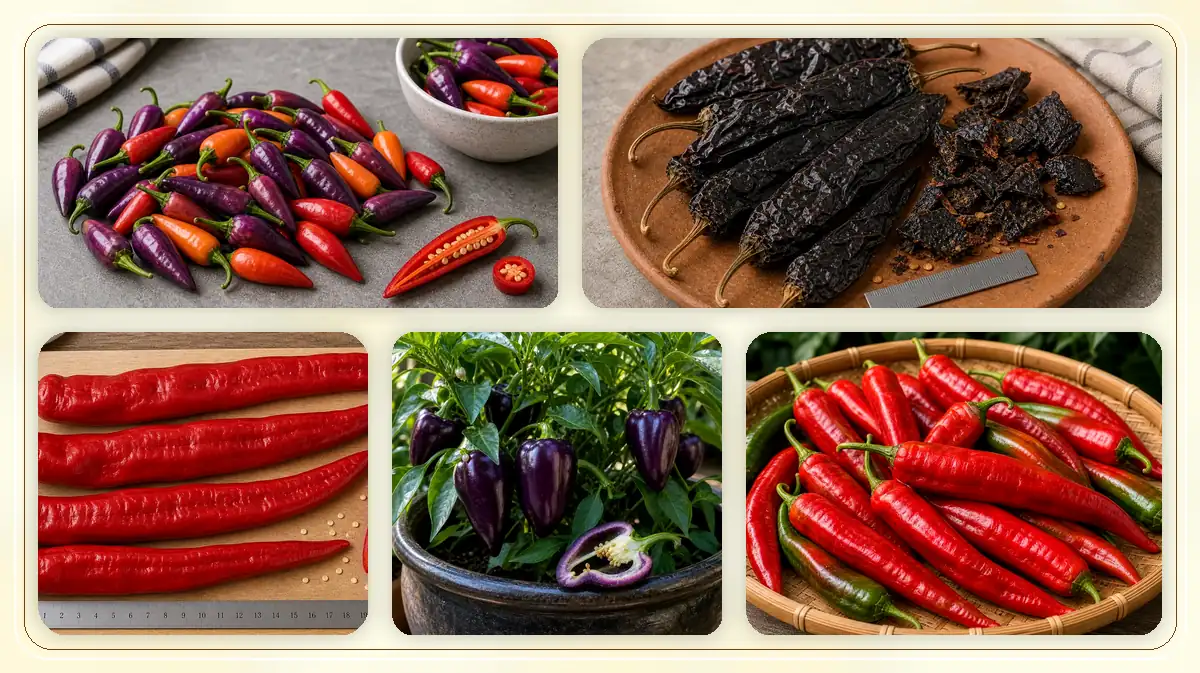 Ornamental Peppers Guide in-post pepper reference image with varied cultivars and kitchen context