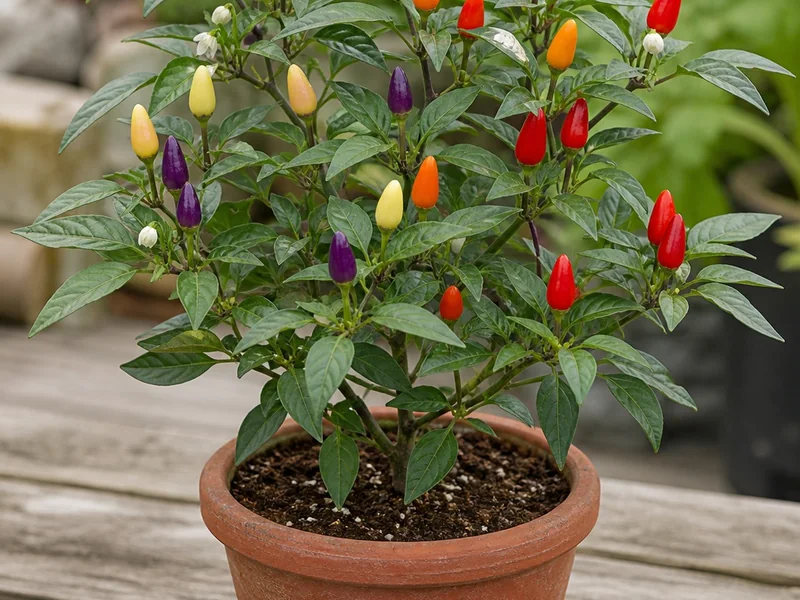 Compact ornamental pepper plant showing purple, yellow, orange, and red ripening fruit