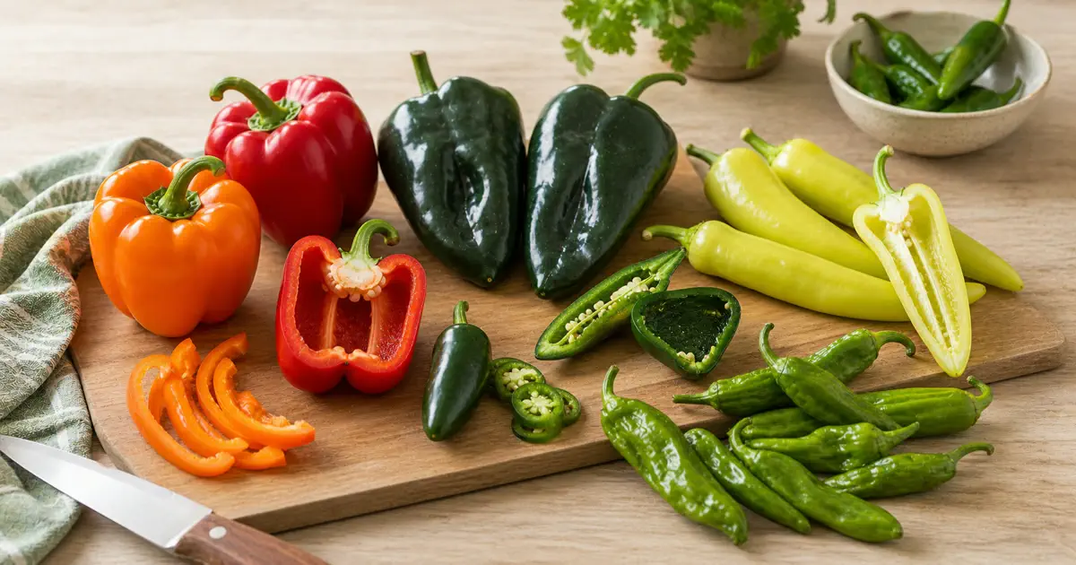 Bell peppers, banana peppers, shishitos, poblanos, and a jalapeno arranged as beginner-friendly peppers