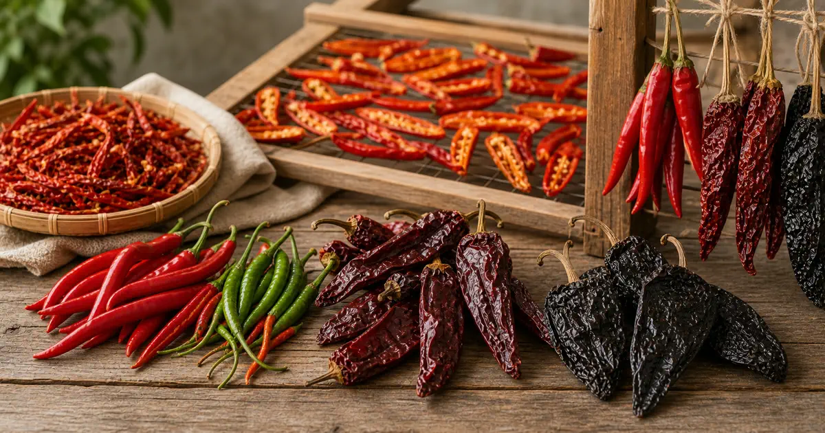 Fresh and dried cayenne, Thai, guajillo, and ancho-style peppers arranged for home drying