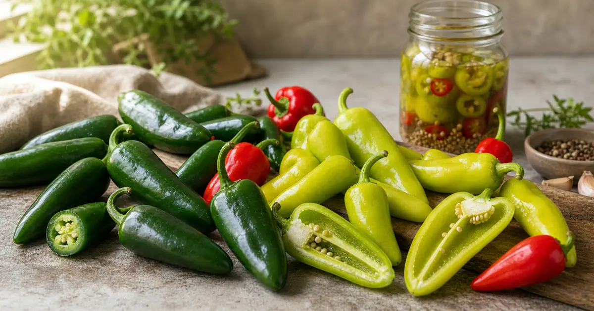 Banana peppers, pepperoncini, jalapenos, and sport peppers arranged for pickling with a jar of brine