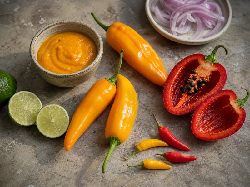 Golden Aji Amarillo, red Rocoto with black seeds, and small Aji Limo peppers beside yellow pepper paste