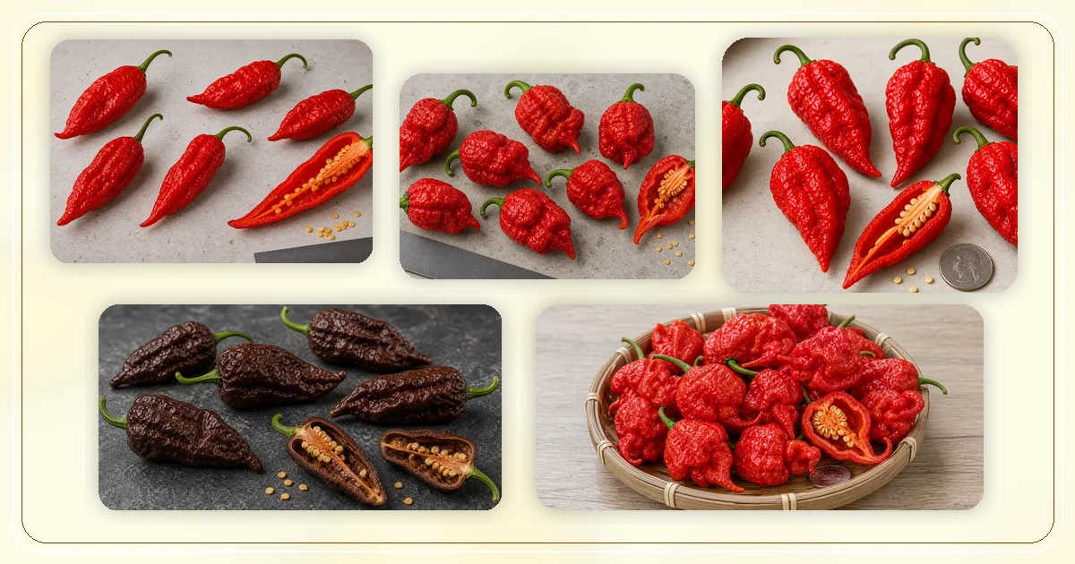Super-Hot Peppers (1M+ SHU) hub with route-specific pepper varieties arranged for browsing