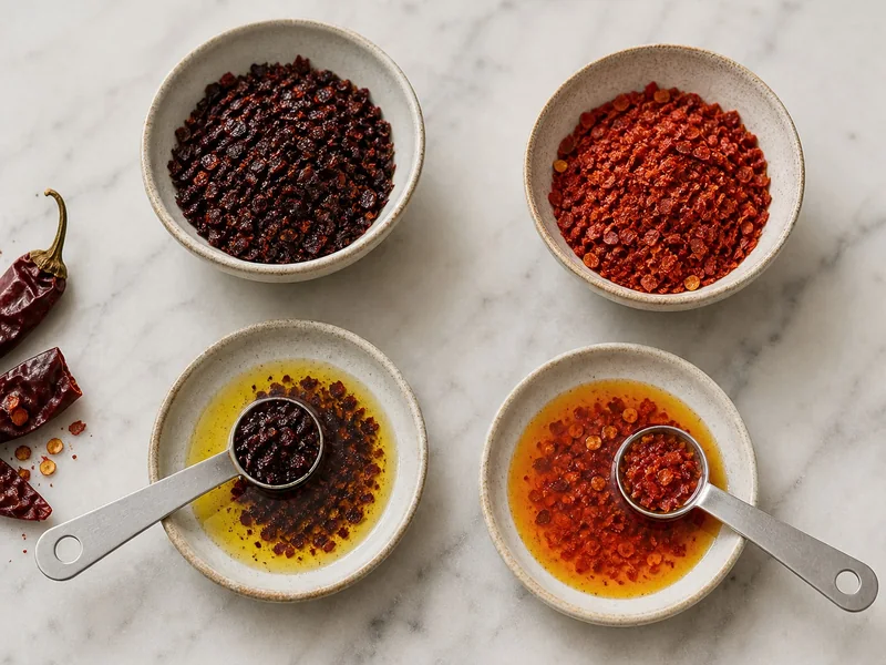 Dark and bright Turkish pepper flakes blooming separately in measured warm oil
