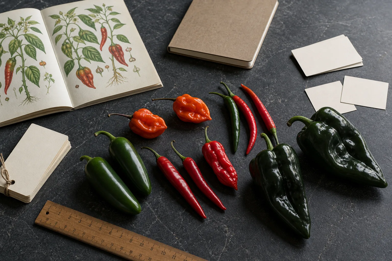 Whole peppers beside blank reference cards, a notebook, ruler, and botanical pages