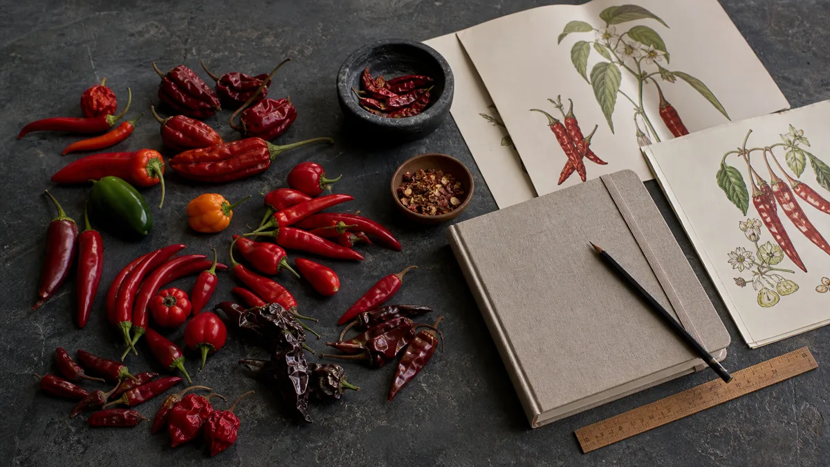 Peppers, reference pages, a notebook, and measuring tools arranged on a dark work surface