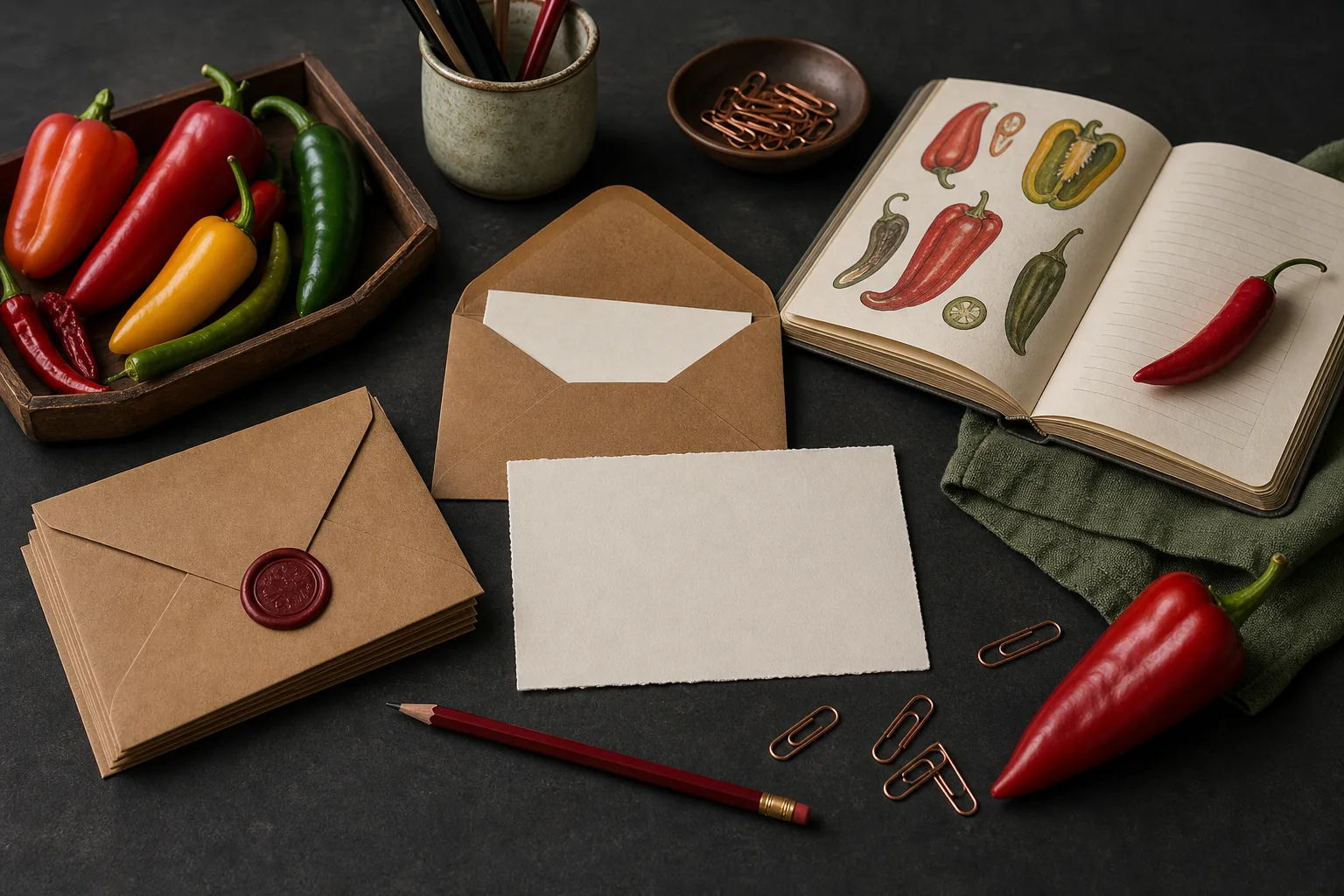 Envelopes, a blank correspondence card, peppers, and a notebook arranged on a dark work surface