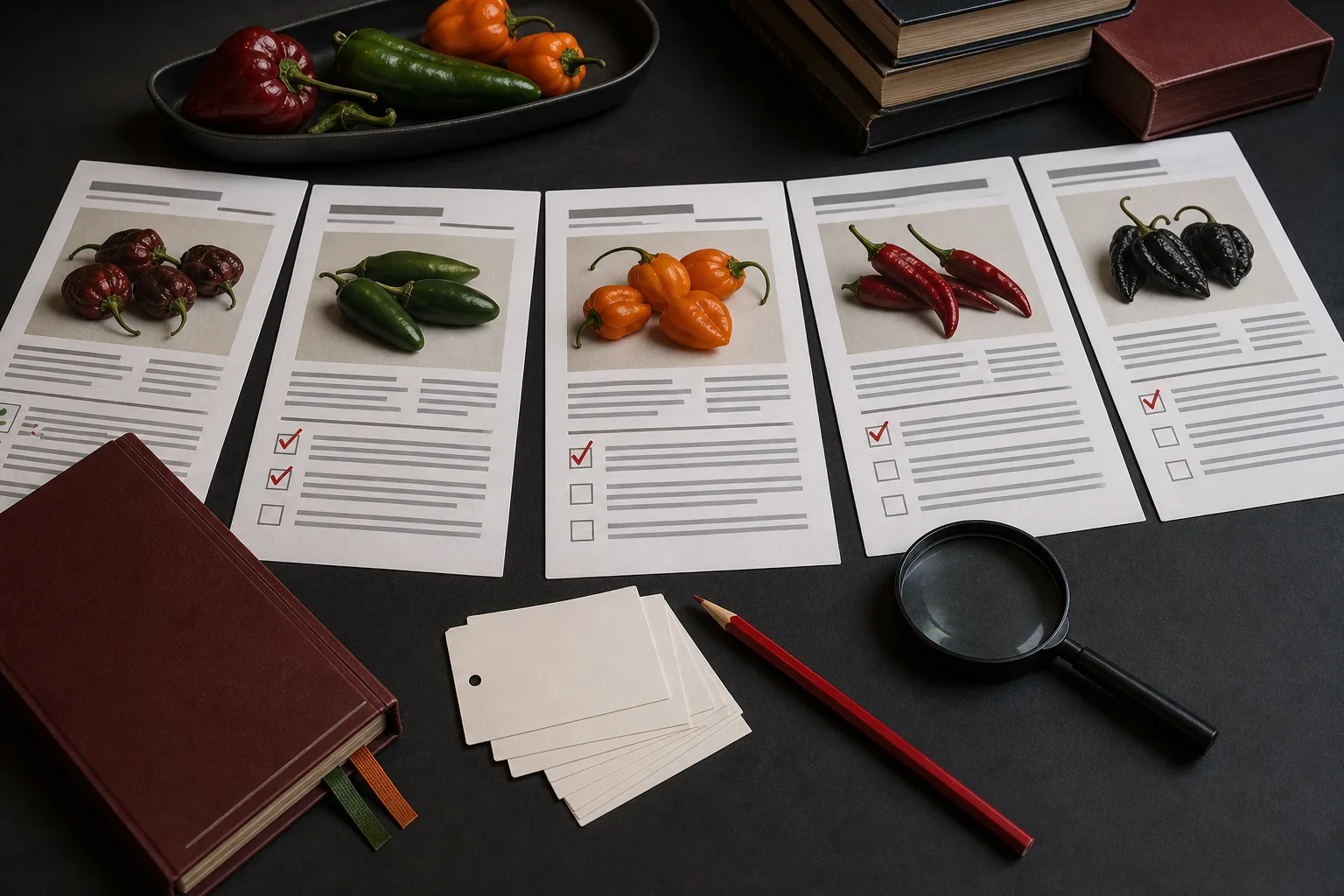 Pepper profile proofs, check marks, peppers, a magnifying glass, and a correction pencil