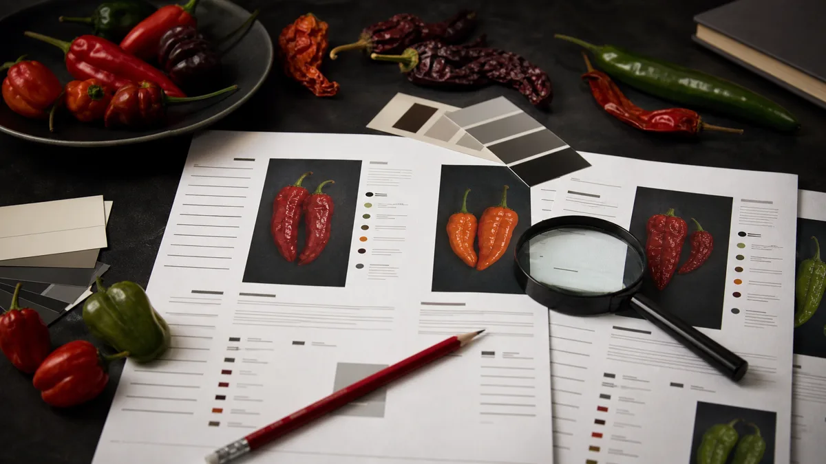 Pepper profile proofs, source cards, a correction pencil, and peppers arranged for editorial review