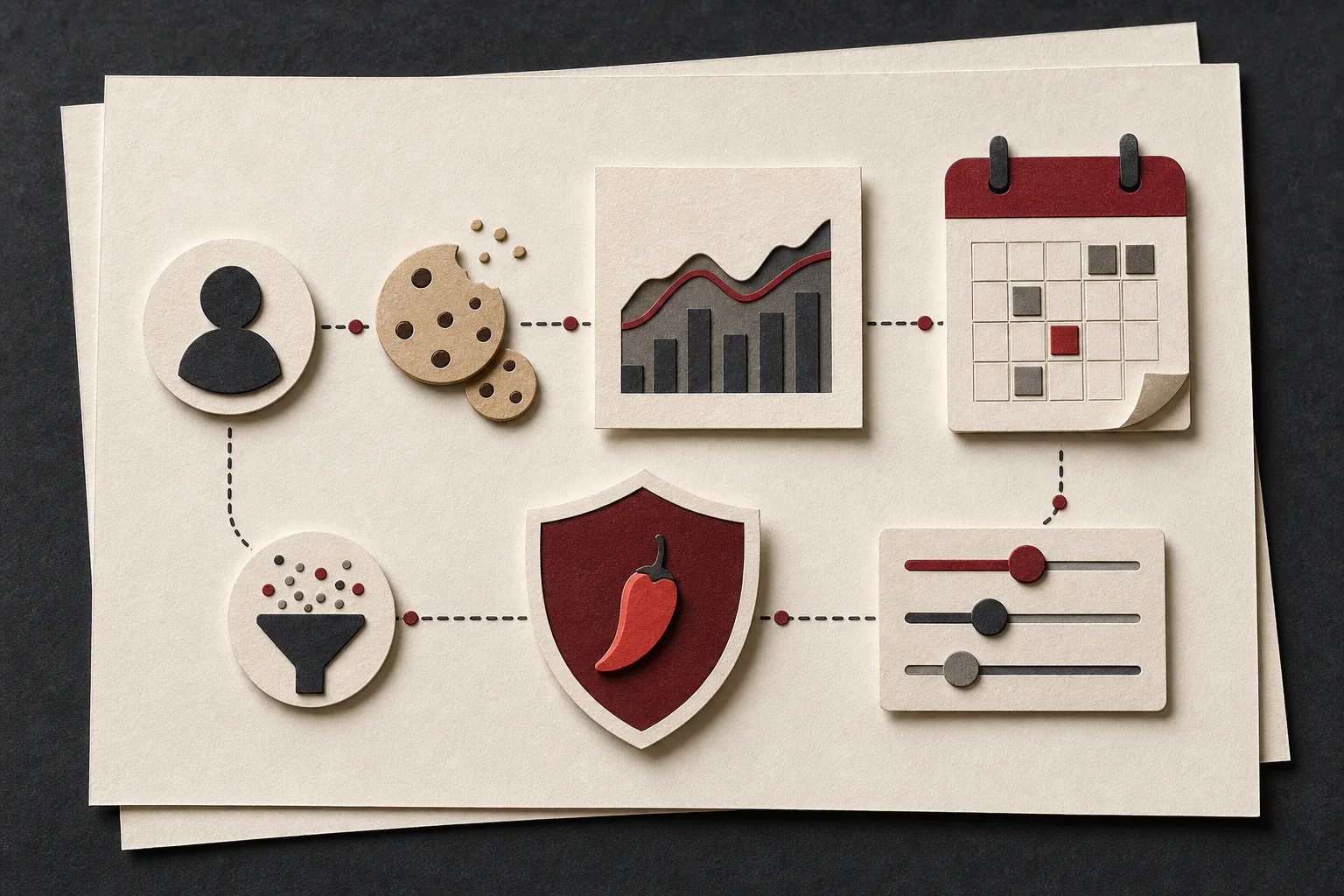 Paper-cut privacy controls for cookies, analytics, retention, and data protection on a dark background