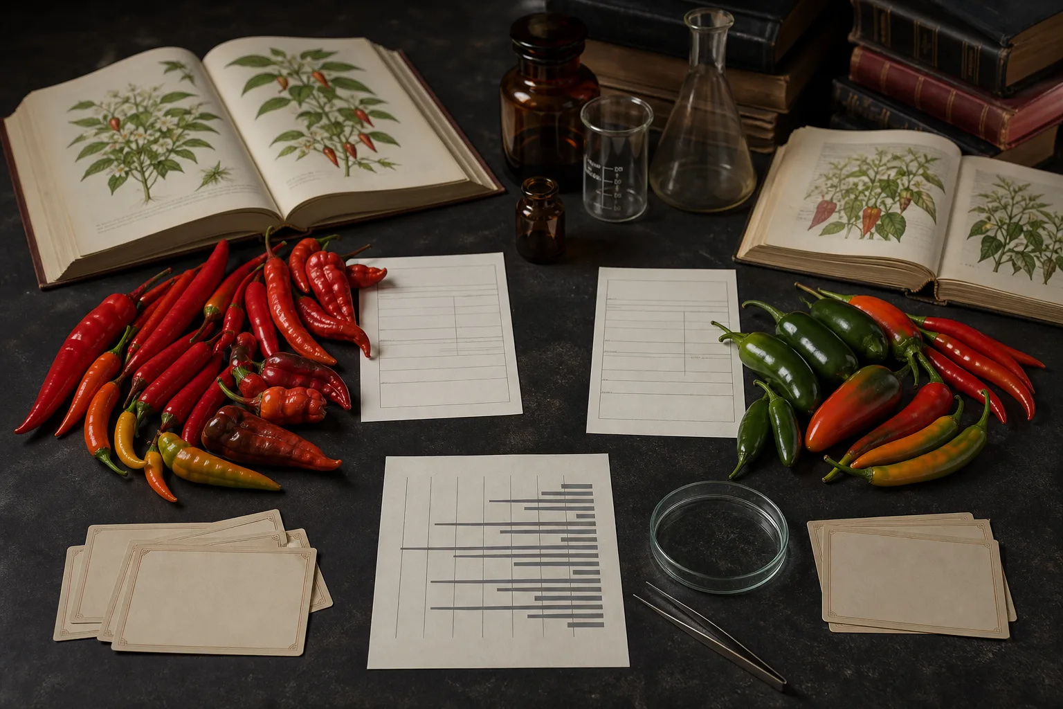 Whole chili peppers, blank source forms, a chart, laboratory glassware, and botanical books