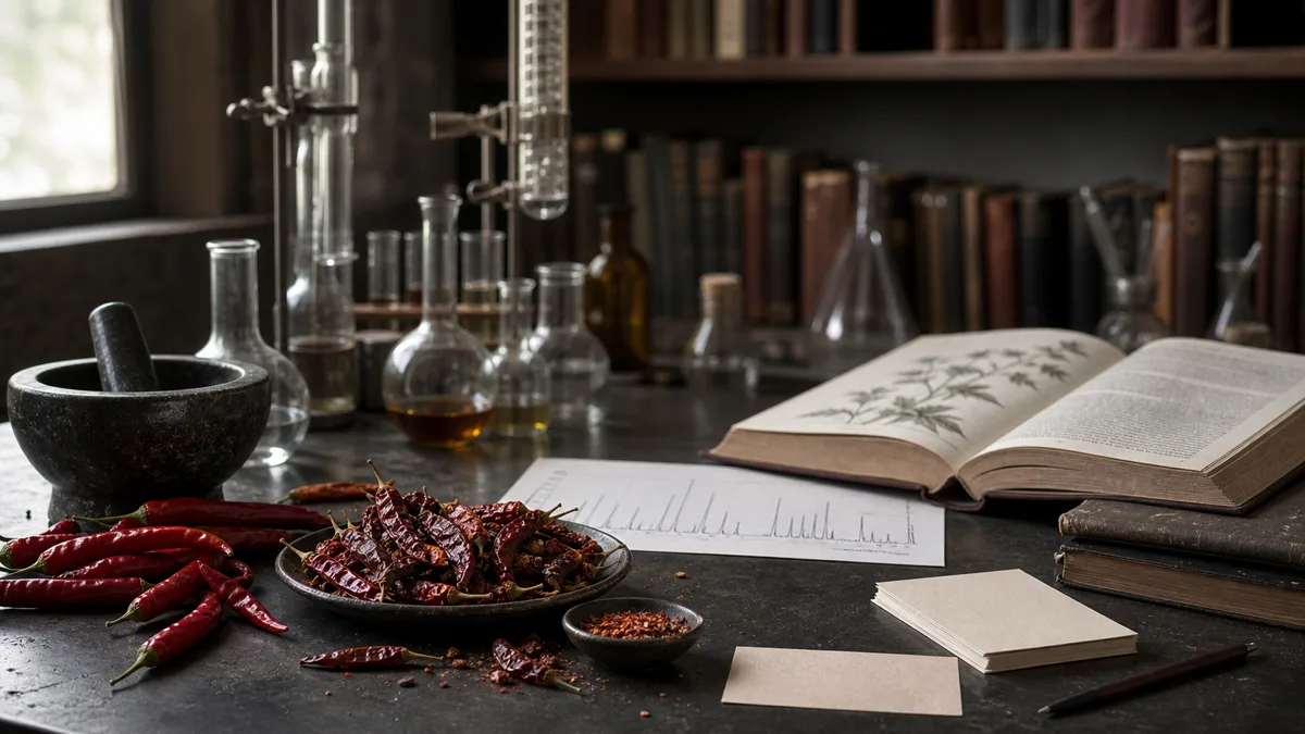 Peppers, reference books, scientific glassware, and citation cards on a dark surface