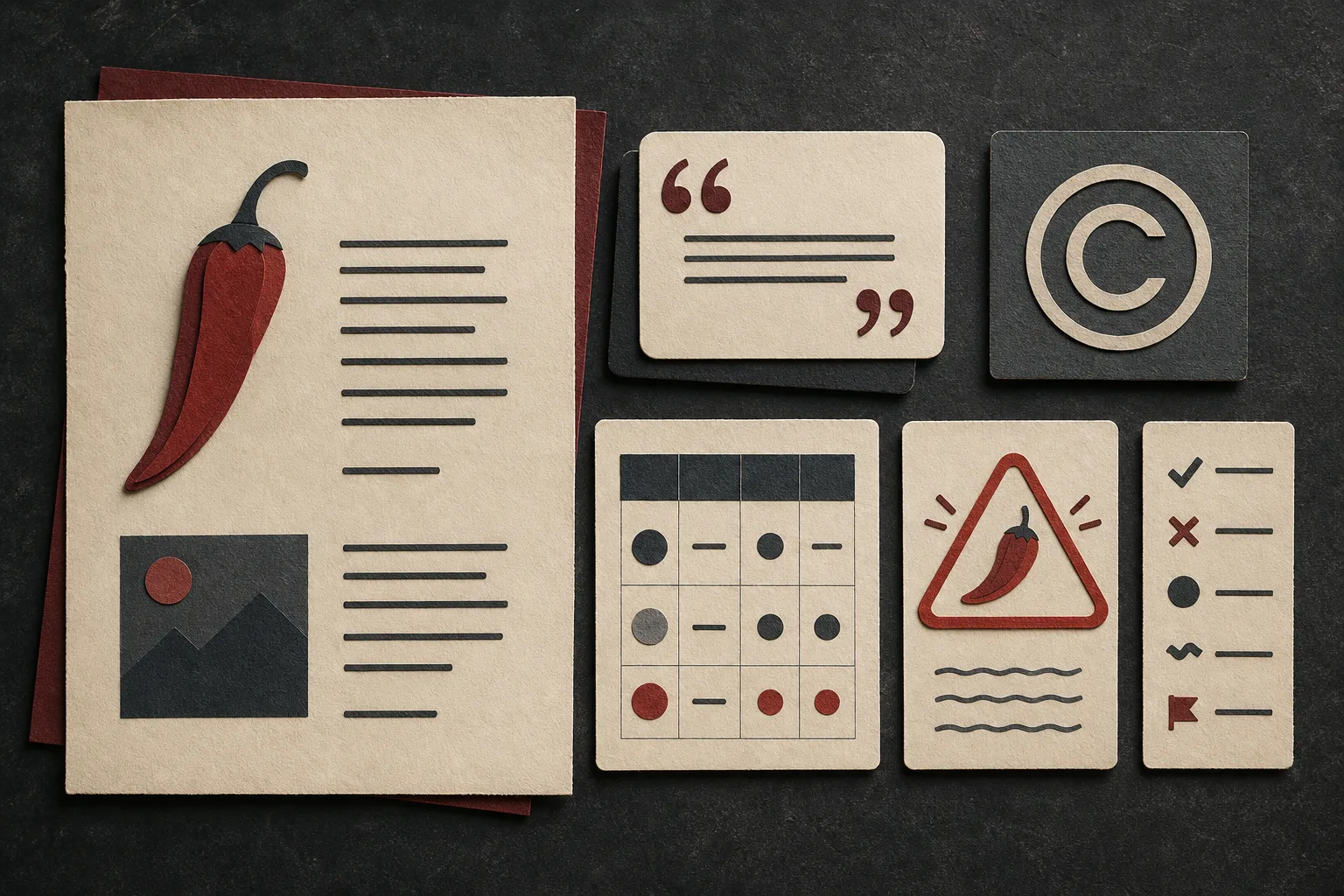 Paper-cut symbols for copyright, quotation, safety, and permitted use arranged on a dark background
