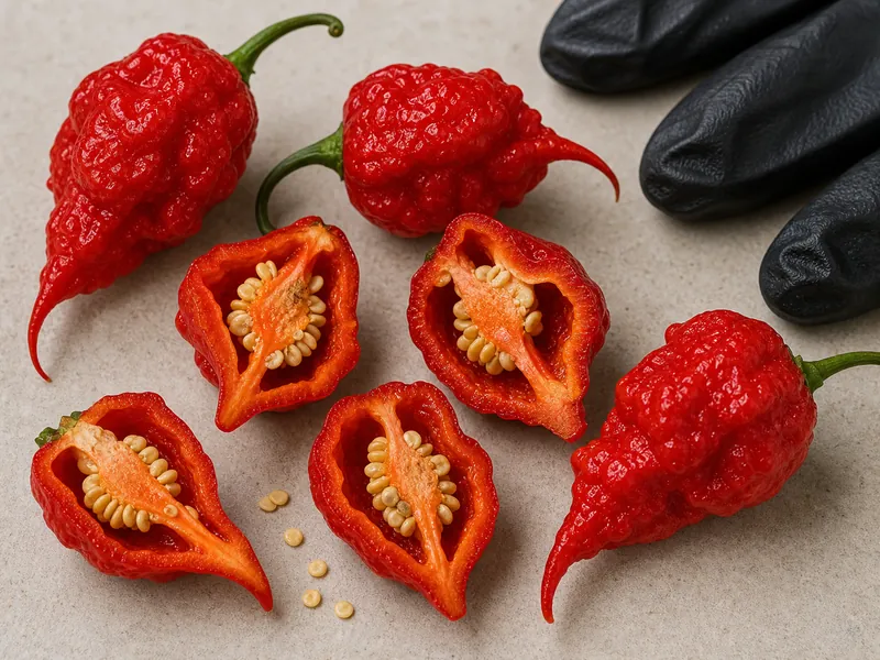Cut red 7 Pot Primo peppers showing pale placenta and pointed tails