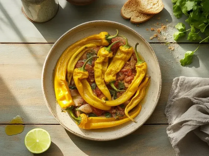 Yellow bumpy 7 Pot peppers with a cut pod and black handling gloves on a pale tray