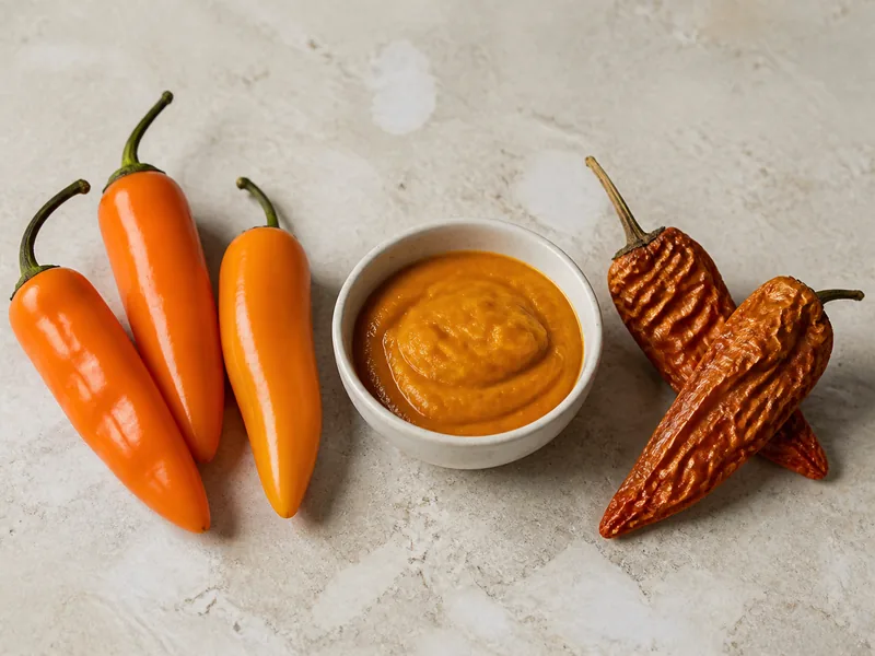 Fresh Aji Amarillo pods, smooth orange paste, and dried Aji Mirasol peppers