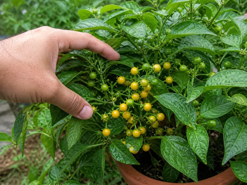 A hand parts Aji Charapita foliage to reveal tiny ripe yellow and unripe green pods