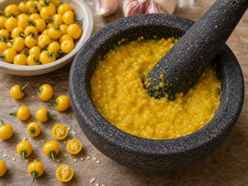Tiny yellow Aji Charapita peppers crushed into sauce in a stone mortar