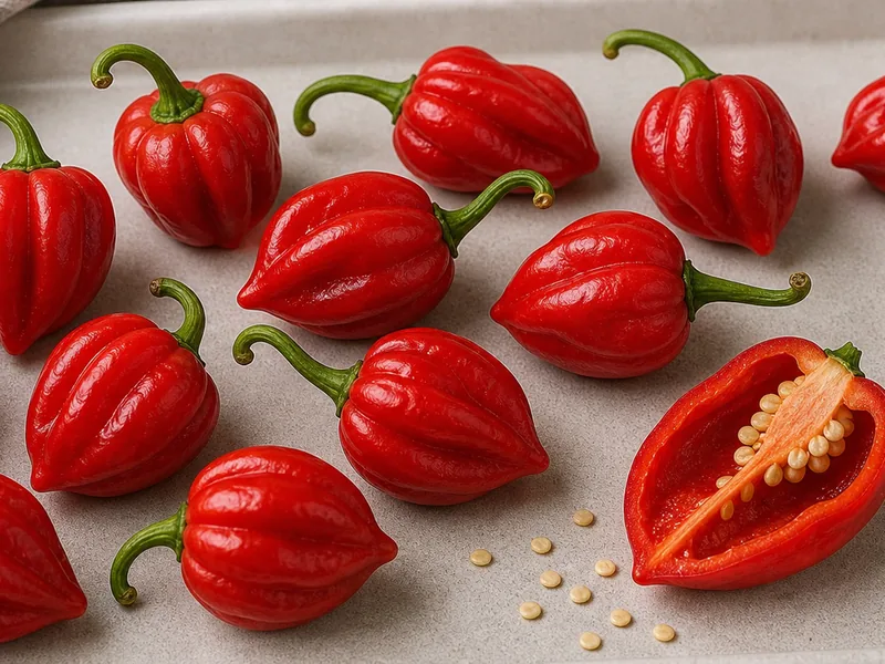 Red lantern Aji Chombo peppers with one sliced pod