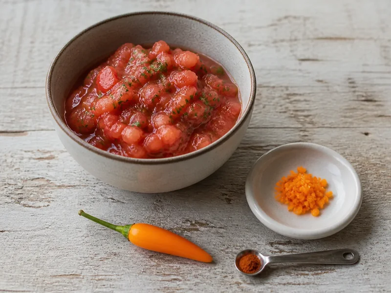 Aji Cito pepper beside minced quarter-pod, a small powder measure, and tomato salsa