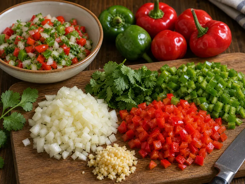 Red and green Aji Dulce peppers chopped with onion, garlic, cilantro, and mild peppers for sofrito