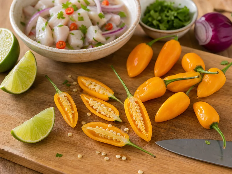 Elongated orange Aji Limo peppers cut beside lime, onion, cilantro, and fish ceviche
