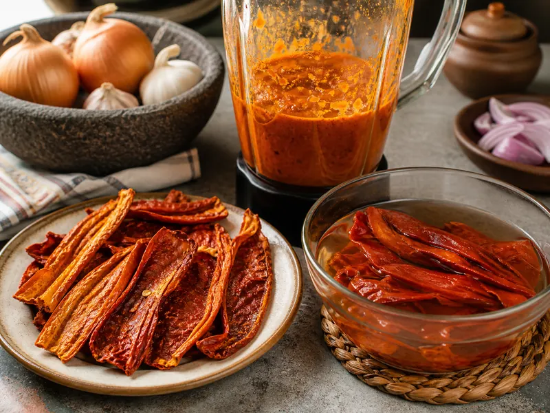 Dried Aji Mirasol pods beside softened chiles and orange-red paste in a blender