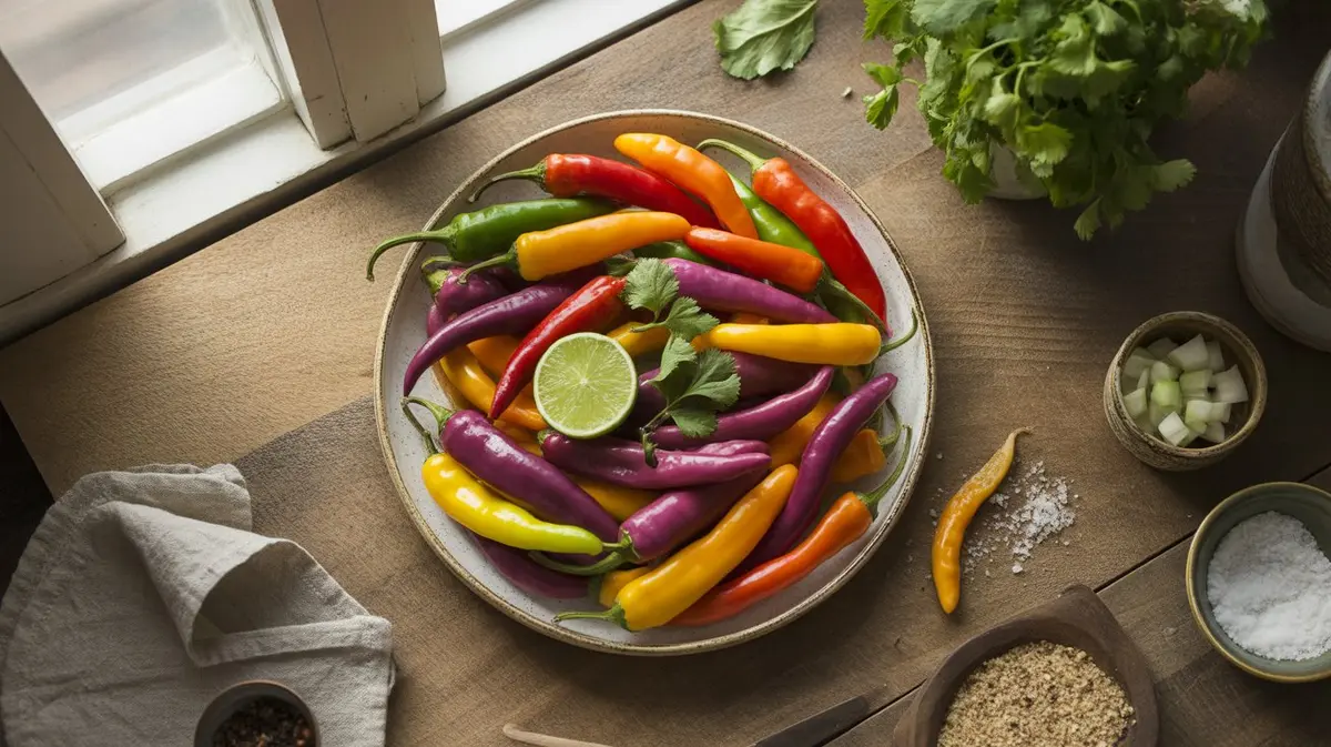 Fresh Aji Omnicolor peppers showing color, shape and texture