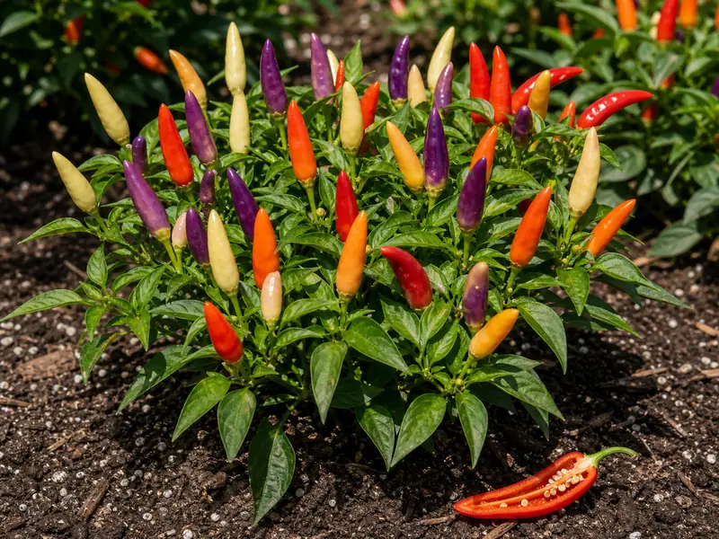 Aji Omnicolor plant with cream, purple, orange, and red ripening pods