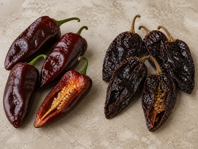 Fresh ripe brown Aji Panca peppers beside dried pods, with cut fruits showing seeds