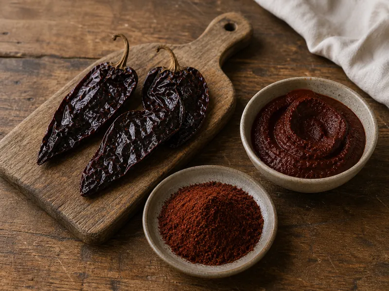 Whole dried Aji Panca pods, ground powder, and thick paste on a wooden workbench