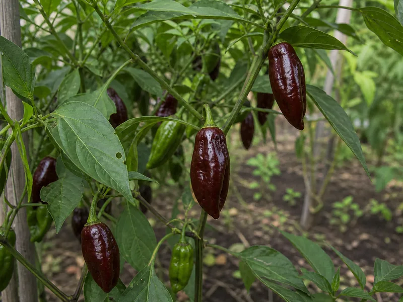 Ripe brown and unripe green Aji Panca peppers hanging on a garden plant