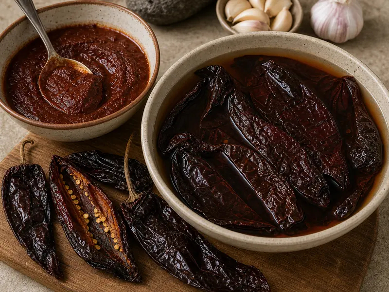 Dried Aji Panca pods soaking beside a bowl of dark red chile paste